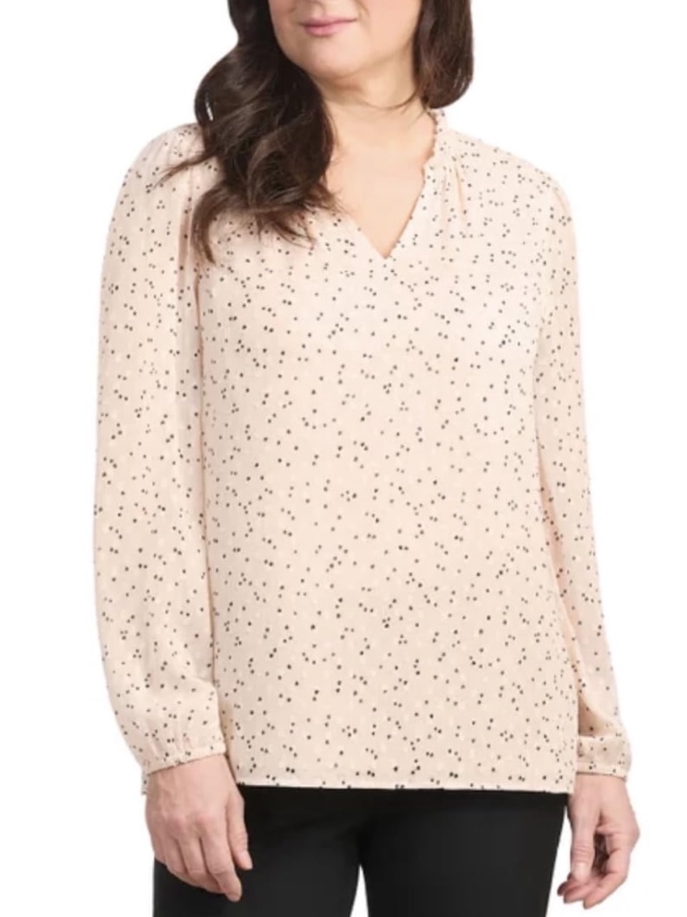 Hilary Radley Cream V-Neck Long-Sleeve Blouse Small